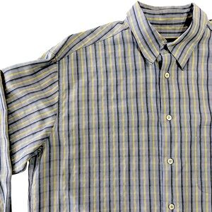 BUGATCHI MENS BUTTON DOWN LONG SLEEVE BLUE YELLOW STRIPED DRESS SHIRT SIZE LARGE